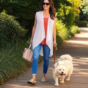 Eileen Fisher 100% Organic Linen Knit Sleeveless Open Front White Cardigan